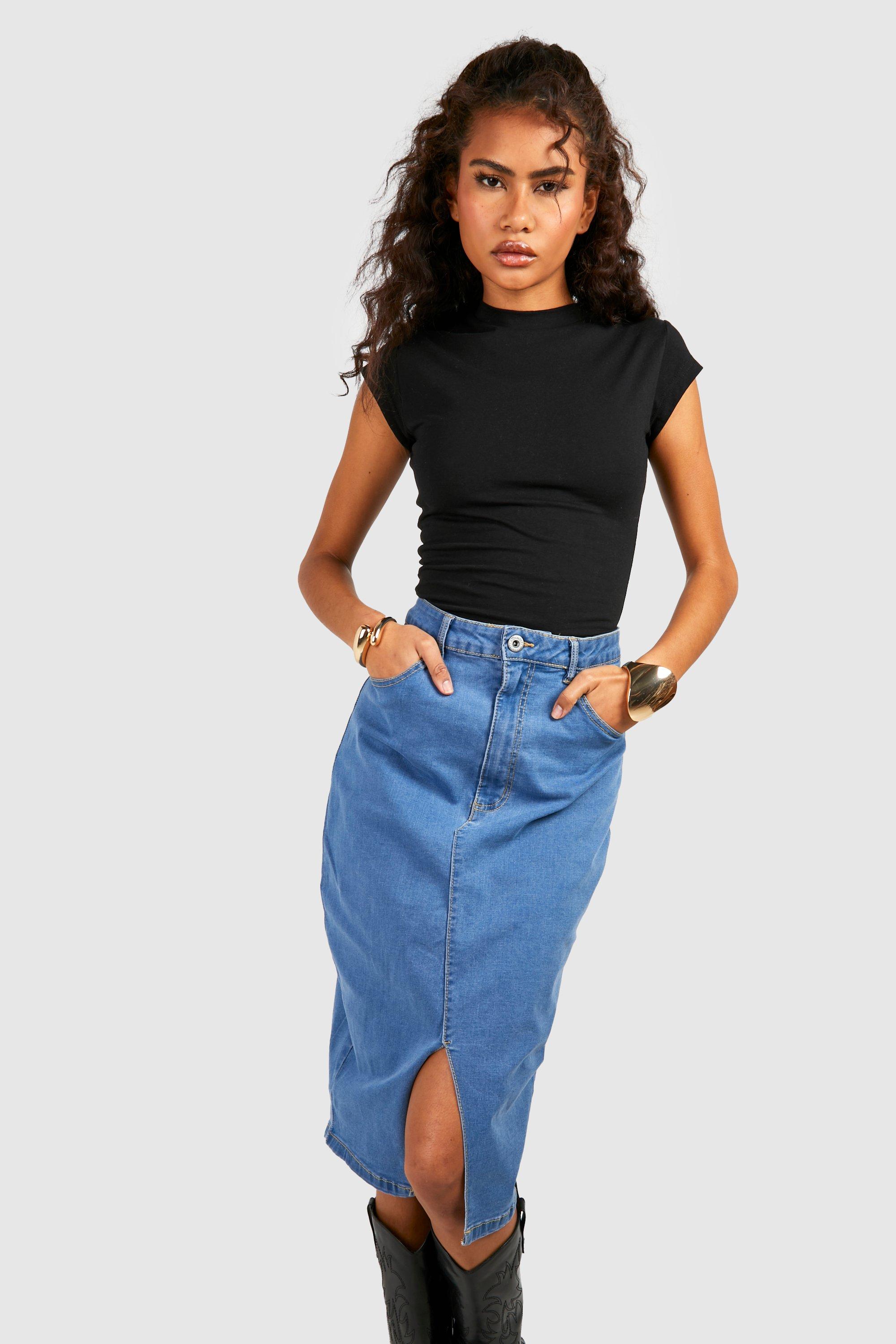 Denim pencil shop skirt front split